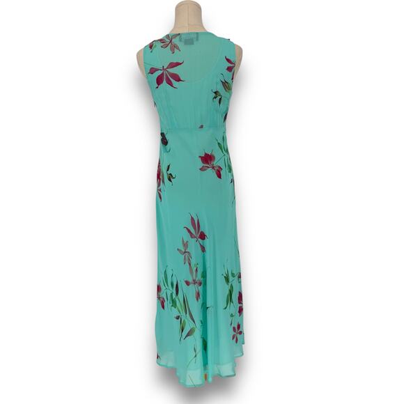 90s Carole Little Teal Blue Floral Print Ruffle Trim Maxi Dress, Size 4 - Picture 4 of 10